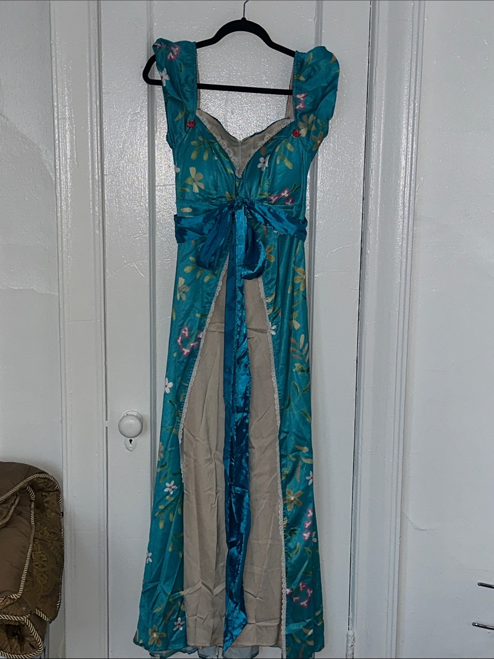 Teal Floral Maxi Dress with Front Tie and Cap Sleeves